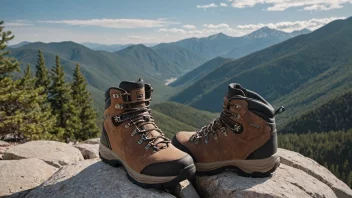 Et par solide trekkingsko på en steinete sti, med et åndeløst fjellandskap i bakgrunnen