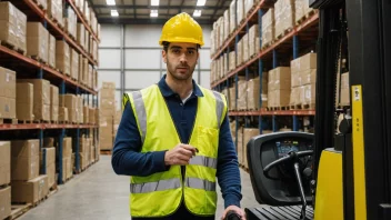 En varelagerarbeider i en gul vest står foran en stabel med bokser med en gaffeltruck i bakgrunnen