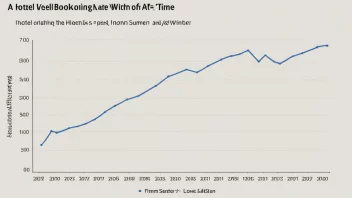 En graf som viser en hotells bookingsrate over tid, med en høy topp i sommermånedene og et lavt punkt i vintermånedene.