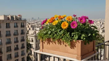 En blomsterkasse med ulike blomster på en balkong med byutsikt