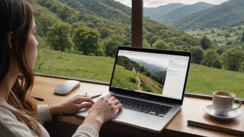 En person som skriver på en laptop med et vakkert landskap utenfor vinduet.