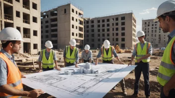 En byggeplass med en stor bygning i bakgrunnen og et team av arkitekter og ingeniører i forgrunnen, som ser på tegninger og diskuterer prosjektet.