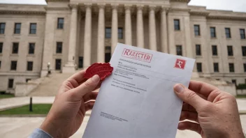 En person som holder et dokument med et stort rødt 'AVVIST' stempel på det, med en domstolsbygning i bakgrunnen.