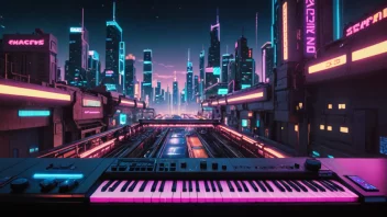 Et bylandskap om natten med neonlys som reflekteres av den våte asfalten, et stort synthesizer-tastatur er plassert i sentrum av bildet.