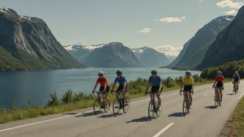 En gruppe mennesker som sykler på en vei i Norge, med fjell og fjorder i bakgrunnen.