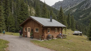 En koselig hytte i fjellet med en skilt som indikerer at det er en hyttehandel, med noen mennesker utenfor som nyter landskapet