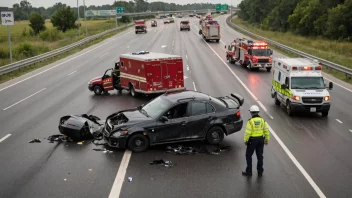 En bilulykke på en motorvei med politi, ambulanse og brannbiler som rykker ut.