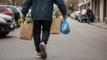 En person som bærer en pose med matvarer hjem