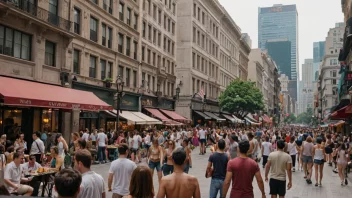 Et levende bysenter med en blanding av gammel og ny arkitektur, med mennesker i alle aldre og bakgrunner.