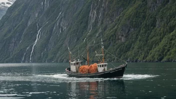 En fiskebåt i en fjord med en stor fangst av laks