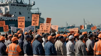 En gruppe havnarbeidere som protesterer foran en havn.