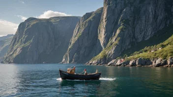 En tradisjonell norsk fiskebåt i bruk, med en naturskjønn kystlandskap i bakgrunnen