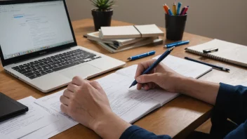 En person som skriver på et skrivebord med papir og penner, med en laptop og bøker i bakgrunnen.