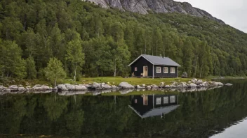 En liten, trehytte med skråtak og pipe, omgitt av trær og en innsjø i bakgrunnen.