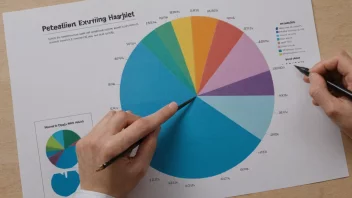 En person som sitter ved et skrivebord med en laptop og papirer, med en kakediagram på veggen bak dem som viser deres arbeidsandel