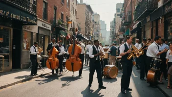 En levende by fylt med jazzmusikk og musikere som spiller instrumenter i gatene.