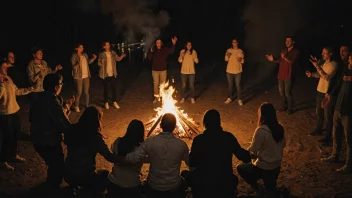 En gruppe mennesker danser i en sirkel rundt et bål, med hendene sammenknyttet