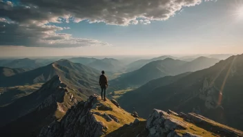 En person med en positiv livsåskådning, stående på et fjell, ser ut på et vakkert landskap.