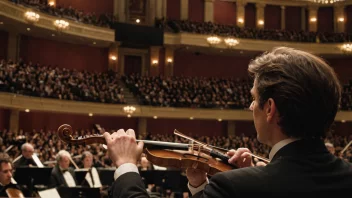 En filharmoniker står foran en stor konsertsal, med en fiolin i hånden.