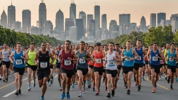 En gruppe løpere som deltar i et maratonløp, med en by i bakgrunnen.