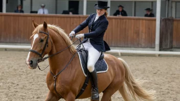 En hest med en rytter på ryggen, som utfører et triks i en manege.