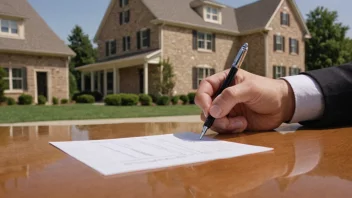 En person som signerer en kontrakt, med et hus eller en bygning i bakgrunnen.