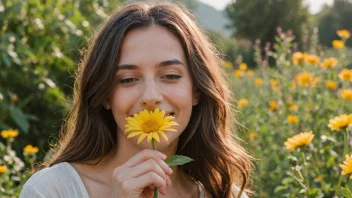 En person som lukter en blomst med et glad uttrykk