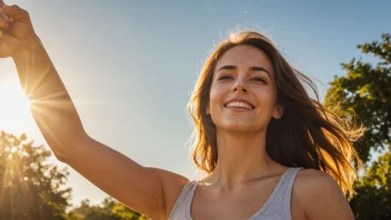 En person med et stort smil og utstrakte armer, som glanser eller stråler lys, med en lys og solfylt bakgrunn