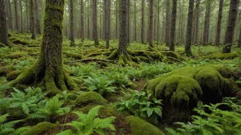 Et vakkert og fredelig bilde av en norsk skog, som viser mangfoldet av vegetering i området.