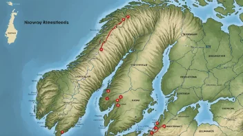 Et bilde som viser ulike steder i Norge merket som innflyttingssteder, med mennesker som flytter til disse stedene.