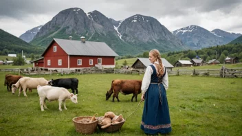 En kvinnelig gårdsarbeider i tradisjonell norsk klesdrakt, omgitt av dyr og et gårdshus.