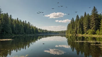 Et fredelig landskap med en rolig innsjø, omgitt av trær og noen fugler som flyr i luften.