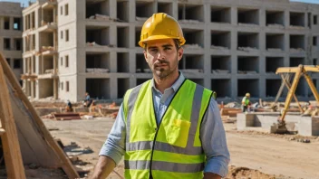 En byggmester i gul hjelm og vest, som overvåker en byggeplass med en bygning under oppføring.