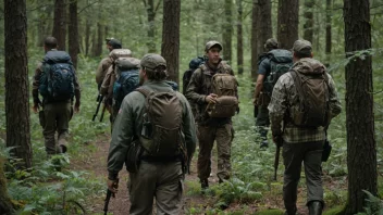 En gruppe mennesker på jaktferd, som går gjennom en skog.