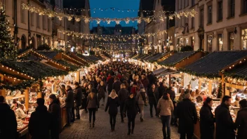 En julbasar fylt med mennesker som nyter mat, drikke og feststemning.