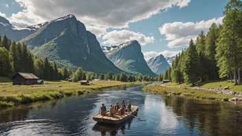 En tømmerflåte som transporteres nedover en elv, med et naturskjønt norsk landskap i bakgrunnen.