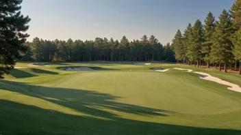 Et stort og velstelt golfstadion med noen golfspillere i bakgrunnen, omgitt av trær og en klar blå himmel.