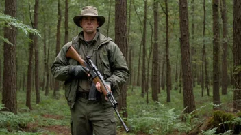 En jeger som bærer kamuflasje-bekledning og holder et gevær, stående i en skog.