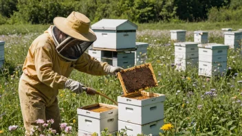 En birøkter som passer på bikuber i en blomstereng, med en honningekstraktor i bakgrunnen.