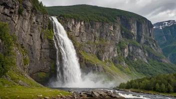 En stor foss som kaskader ned en steinete skråning i en norsk fjord