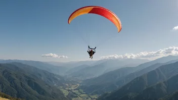 En person som drageflyver med en fallskjerm, med et naturskjønt fjellandskap i bakgrunnen.