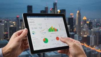 En forretningsperson som holder en tablet med en anbudsprosess-diagram på skjermen, med en bysilhuett i bakgrunnen.