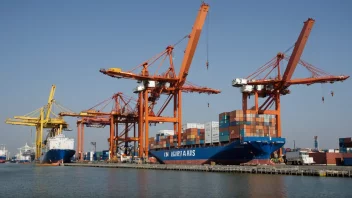 En containerterminal med et stort containerskip fortøyd og kraner som laster og loser containere.