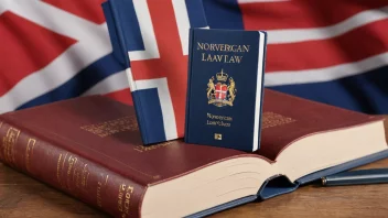 Et bilde av en forretningslov bok med et norsk flagg i bakgrunnen, som representerer lovene som regulerer forretningsaktiviteter i Norge.