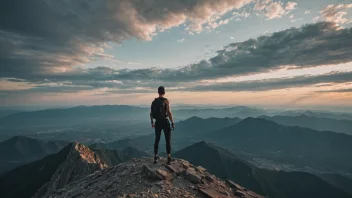 En person med et sterkt og selvbevisst uttrykk som står på en fjelltopp med en fantastisk utsikt i bakgrunnen