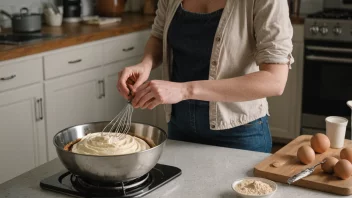 En person baker en kake i et kjøkken.