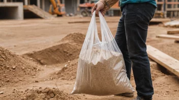 En person som holder en pose med fyllmateriale, med en bakgrunn av en byggeplass eller et DIY-prosjekt.