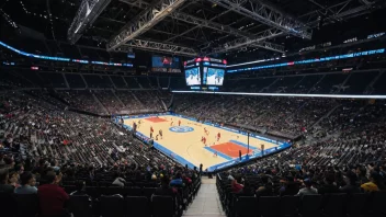 En idrettsarena med fotballbane, basketballbane og løpebane, omgitt av sitteplasser og idrettsutstyr