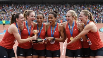 Et lag med utøvere som feirer en stafettseier med en trofé og medaljer, et symbol på deres stafettriumf.