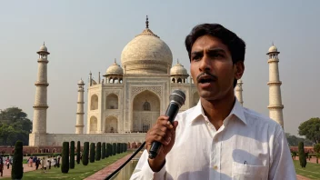 En person som snakker hindi foran Taj Mahal i India.